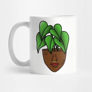 Dark Skinned Tropical Plant Person with Face Tattoos and Septum Piercing Mug